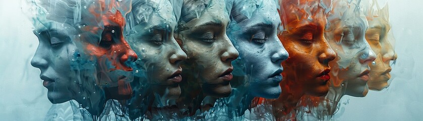 A collection of surreal faces that reflect and merge with one another, creating an abstract composition that encourages introspection and contemplation of self awareness