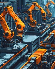 Illustrate a futuristic factory floor where robotic arms and artificial intelligence work seamlessly together to optimize production processes and maximize efficiency