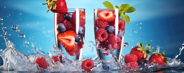 Fresh forest berries in two clear glasses with water splash on blue background. - obrazy, fototapety, plakaty