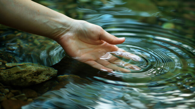 Hand touching calm water surface creating ripples