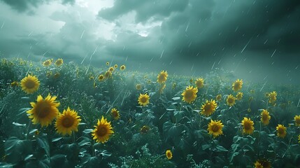 A summer storm brewing over a field of sunflowers