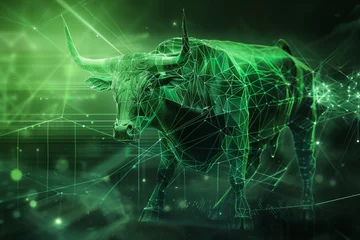Muurstickers A green bull with a green background. The digital bull is green connection line and dots. © Rattanachat