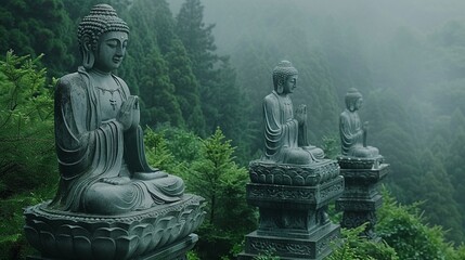 Bodhisattva Statues in Misty Mountain Temples The figures blur into the mist