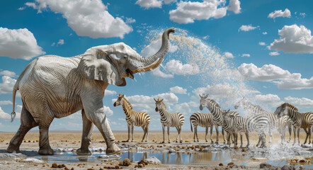 An elephant spraying water on zebras at the watering hole in Etosha National Park