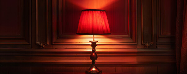 Illuminated table lamp with red shade in a vintage room