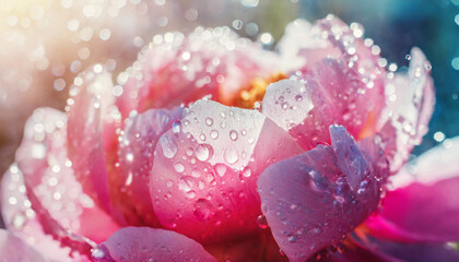Abstract natural background with beautiful water drops on a pink and lilac petal peony close-up macro
