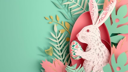 A paper rabbit is holding a colorful Easter egg and a beautiful flower to celebrate the happy event of Easter. The creative arts of plant and organism adaptation can be seen in this artwork AIG42E