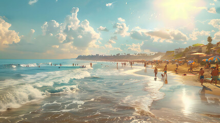 A sun-drenched beach bustling with activity on a hot summer day - obrazy, fototapety, plakaty