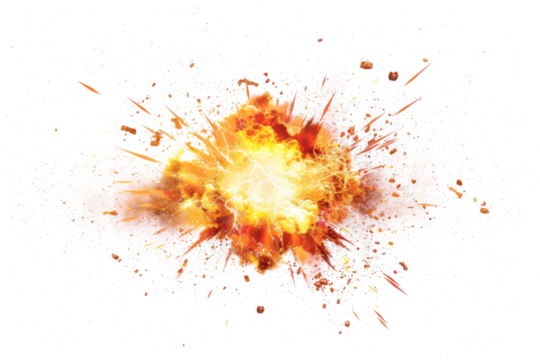 supernova explosion, with bright shockwaves and debris expanding outward against a clean white background.