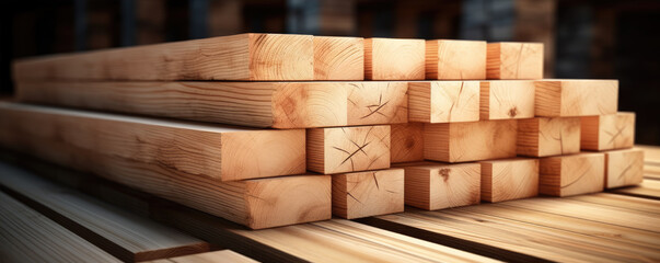 Pile of wooden boards cut in timer side view.