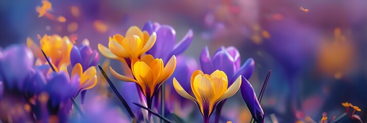A stunning close-up of purple and yellow Crocus flowers, symbolizing rebirth, with a hazy bokeh...