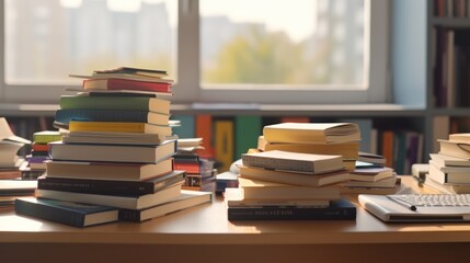 Pile of books on study desk in a study room. Education or academic concept picture of self access learning environment background related to research or reading materials - obrazy, fototapety, plakaty