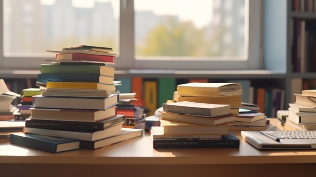 Pile of books on study desk in a study room. Education or academic concept picture of self access learning environment background related to research or reading materials