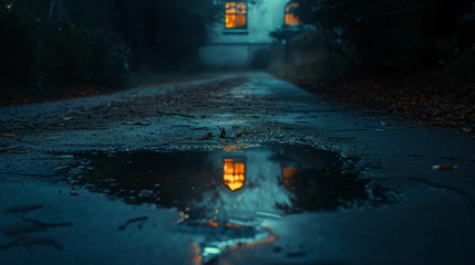Garden poster Reflection Illuminated house reflected in a puddle on a dark wet street