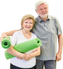 Glückliches sportliches Senioren Paar mit Yogamatte