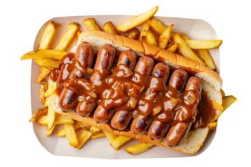 currywurst, a grilled and sliced sausage topped with curry ketchup sauce, served with fries or bread.