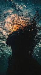 Fototapeta premium Silhouette of a person underwater with sunlight