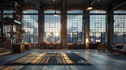 Industrial chicago loft with detailed lighting, factory windows, and realistic textures in high res