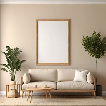 living room interior, natural wooden furniture and trendy home accessories on bright beige background, 3d render, Mock up frame in cozy home interior background, coastal style bedroom