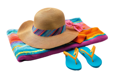A vibrant of a beach hat, a beach towel, and a pair of flip-flops, arranged as if ready for a beach day, on a white background.