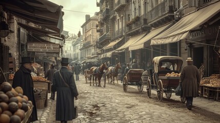 1920s sepia market scene with horse drawn carriages and lifelike attire in immersive environment