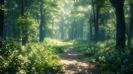 A sunlit forest path dappled with shadows