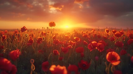 A sunrise over a field of poppies - nature's awakening - obrazy, fototapety, plakaty