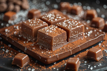 Chocolate fudge on black background, sweet food candy gourmet dark