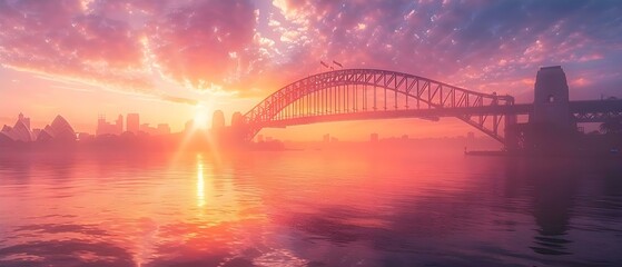 Fototapeta na wymiar Iconic Sydney Harbour Bridge at sunset a famous attraction in Australia showcasing its grandeur and beauty. Concept Sydney Harbour Bridge, Australia, Landmark, Sunset Views, Tourism