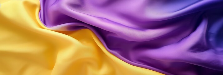 Elegant waves of satin fabric in yellow and purple, representing luxury and theatrical drama - obrazy, fototapety, plakaty