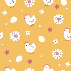 Simple seamless pattern with chickens, eggs and flowers. Vector graphics.