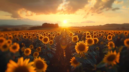 Fototapeten A sunrise over a field of sunflowers - nature's golden awakening © MuhammadInaam