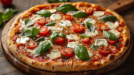 Vibrant italian pizza photography  mouthwatering toppings with mozzarella pull in sharp detail - obrazy, fototapety, plakaty