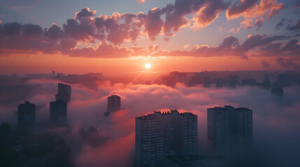 A sunrise over a fog-covered cityscape - urban mystique - obrazy, fototapety, plakaty