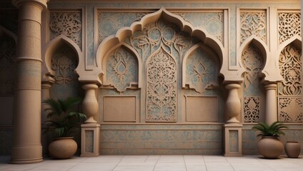 Fototapeta premium Beauty and culture with a stylistic rendering of an Arab-inspired texture wall, featuring intricate details and a variety of render types to suit your mood boards aesthetic.
