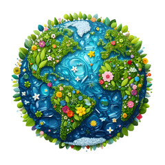 planet Earth with flowers and plants on continents, oceans, and landscapes. Isolated image on transparent background