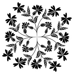 Ornate floral design with blooming branches. Siléne vulgáris. Folk style. Black and white silhouette.