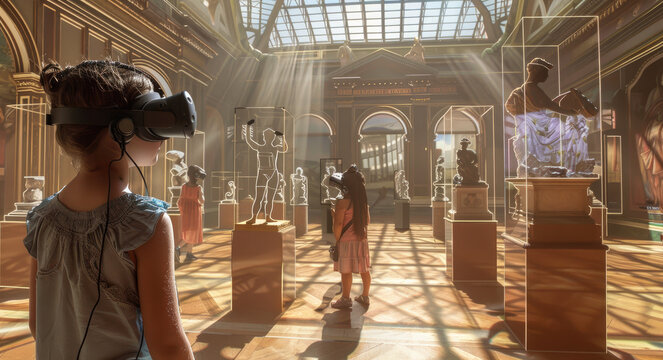 A child in the museum wearing VR glasses is interacting with holographic figures of ancient people through virtual reality technology