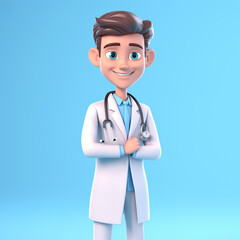 Fototapeta premium Human doctor cartoon character with stethoscope, looking at camera сreated with Generative Ai