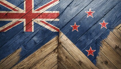 Kiwi Grain: New Zealand Flag on Textured Wooden Background"