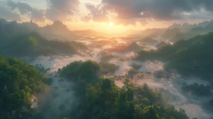 Fototapeta na wymiar A sunrise over a fog-covered valley - the emergence of light