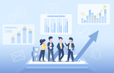 Business ideas and success concept. KPI, growth, increase, data analysis, strategy plan, tactical management, improvement and development for business success. Flat vector illustration.