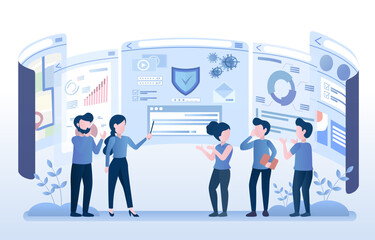 Business people discussing and brainstorming concepts. Share information, innovative ideas and strategy for business. Data analysis on screen. Flat vector design illustration.