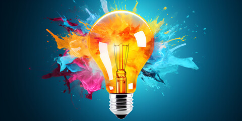 light bulb abstract with colorful splash glowing colors new idea brainstorming concept on blue background 