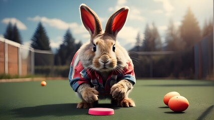 easter bunny with a ball - obrazy, fototapety, plakaty