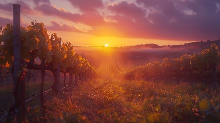 A sunrise over a fog-covered vineyard - the promise of a new vintage - obrazy, fototapety, plakaty