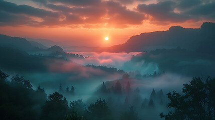 A sunrise over a misty valley - the promise of a new beginning - obrazy, fototapety, plakaty