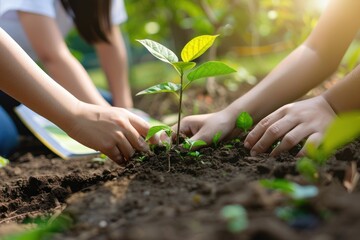Gros plan des mains des élèves plantant des arbres - l’illustration du concept passe au vert dans le jardin de l’école - obrazy, fototapety, plakaty