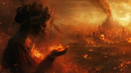 In a shattered world, a queen amidst flames holds the key to knowledge, her crown a beacon in financial ruin, extraterrestrial eyes watching.