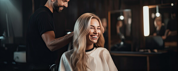 Woman getting a haircut at a salon - obrazy, fototapety, plakaty